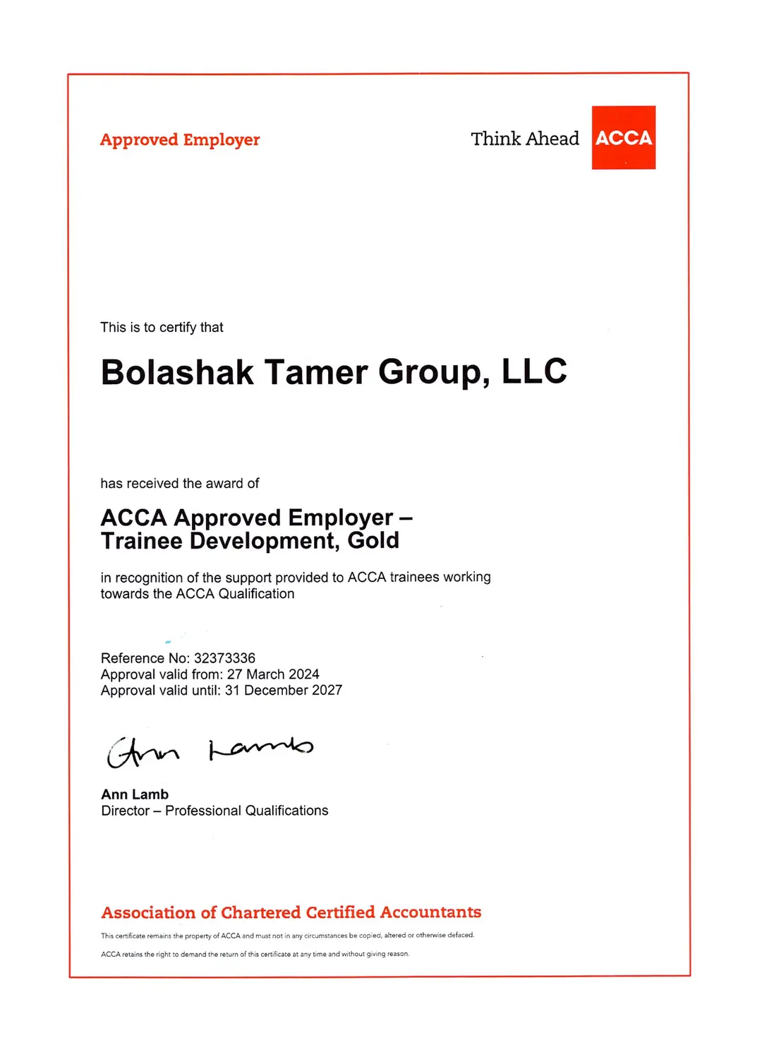 ACCA Approved Employer — Bolashak Tamer Group